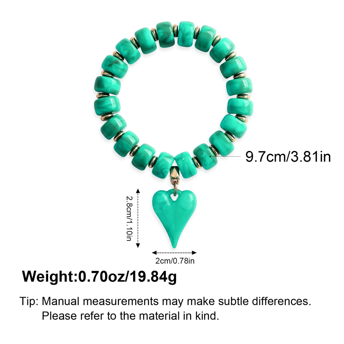 YUJIE Western Turquoise Beaded Bracelet with Heart Charm, Boho Handmade Acrylic Beaded Stretch Country Cowgirl Bracelet for Women, Vinatge Jewelry Gift