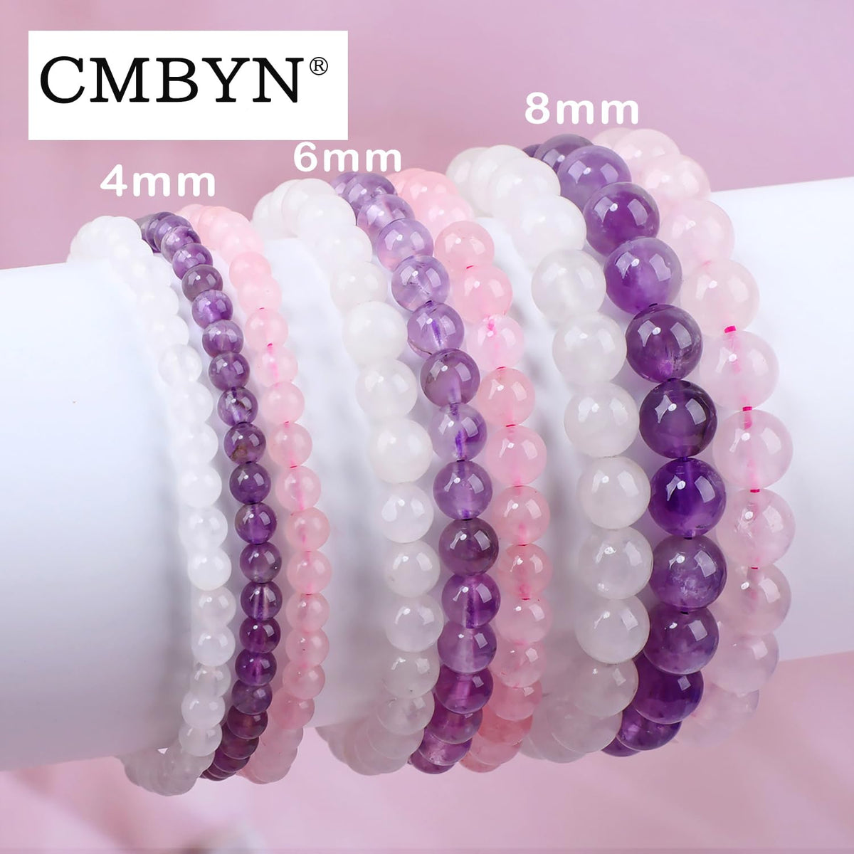 CMBYN 3-Pieces 4mm Natural Crystal Gemstone – ﻿Amethyst, Pink Quartz, White Jade Handmade Reiki Energy Healing Stretch Bracelets Jewelry for Yoga, Meditation, Unisex