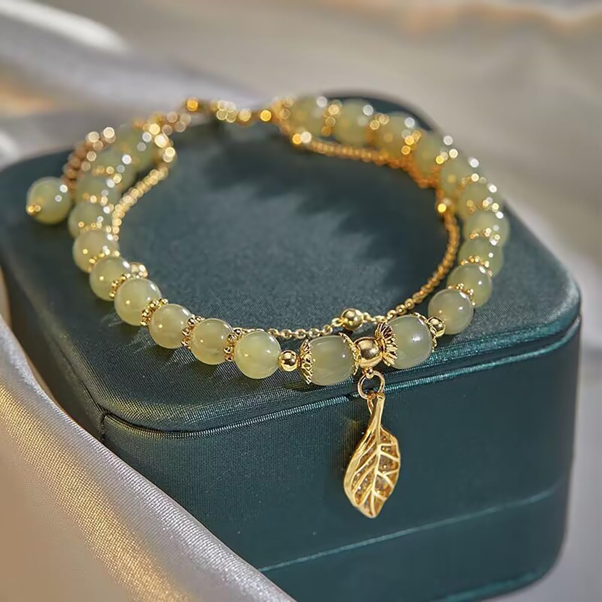 Jade Bracelet for Women Gold Leaf Peanut Apricot Leaves Bracelet Dainty Beaded Jade Bracelet Adjustable Double Layer Bracelet Lucky Green Jade Jewelry (Leaf)