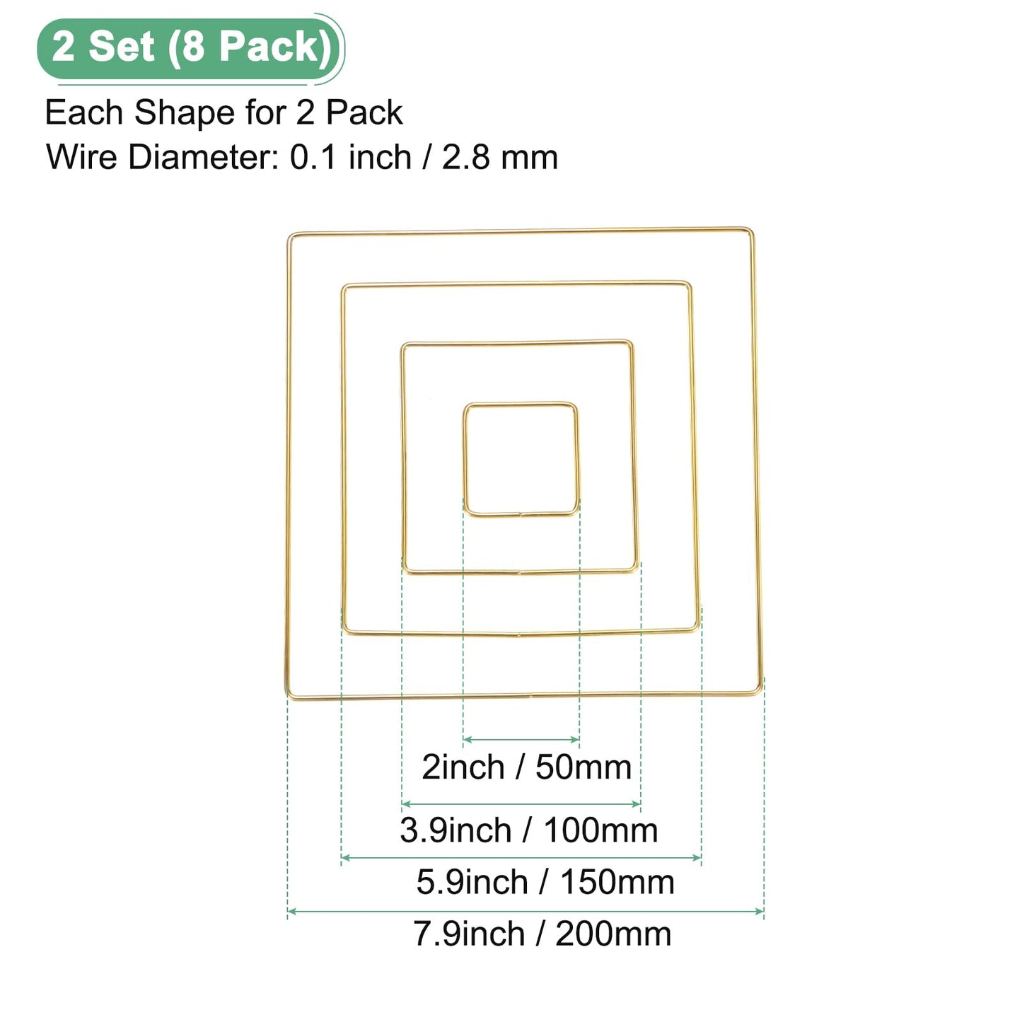 M METERXITY 2-Set Dream Catcher Rings,2.0",3.9",5.9",7.9" Metal Square Shape Macrame Wreath Floral Ring Hoop for Home/Valentine/DIY Craft/Wedding/Wall Hanging Decorations [Golden]