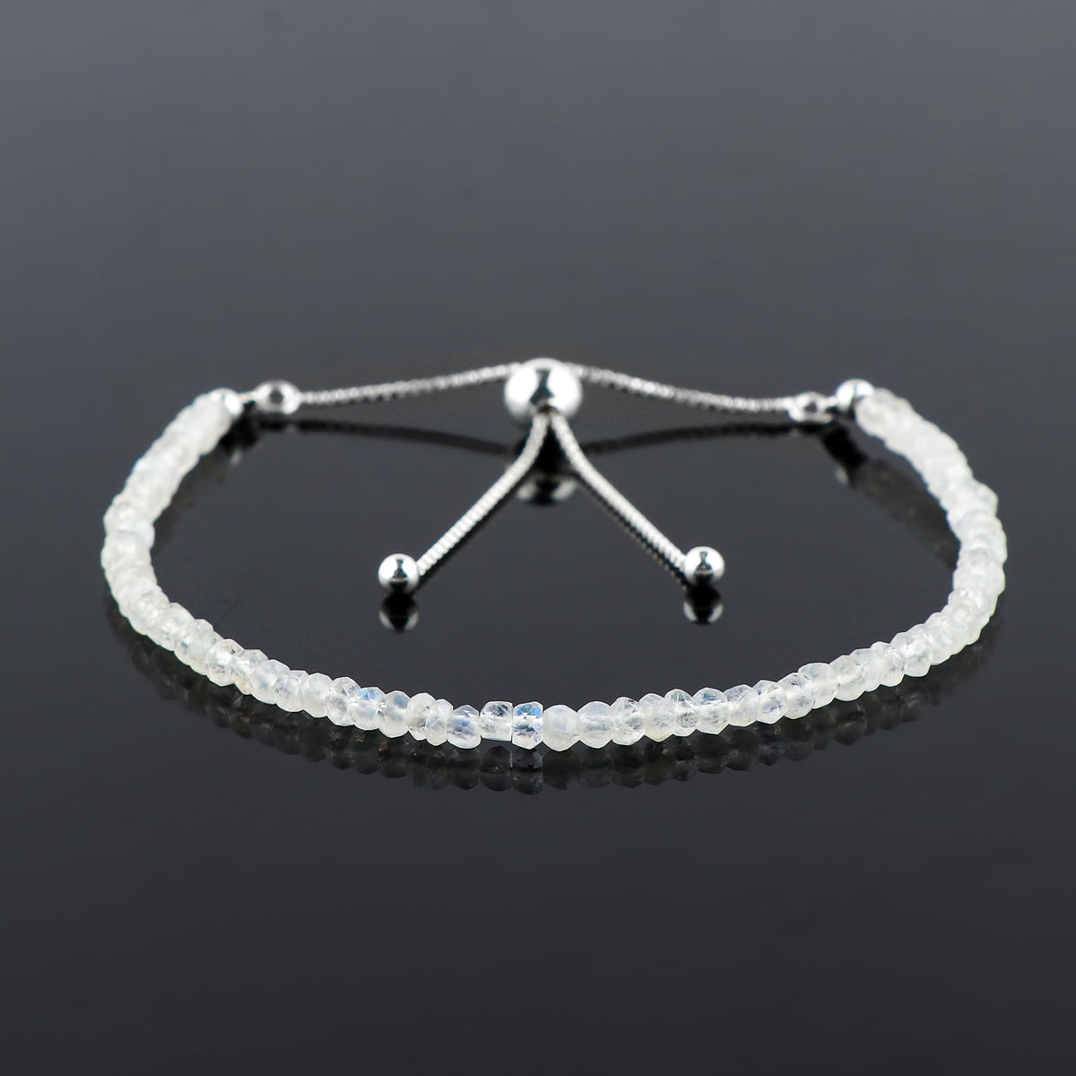 CRYSTALINES Natural Rainbow Moonstone Gemstone Bolo Bracelet, Handmade Bohemian Jewelry, Healing Crystals, Faceted Beads Stones, Silver Adjustable Chain, Christmas Gift for Women, 6+4inch