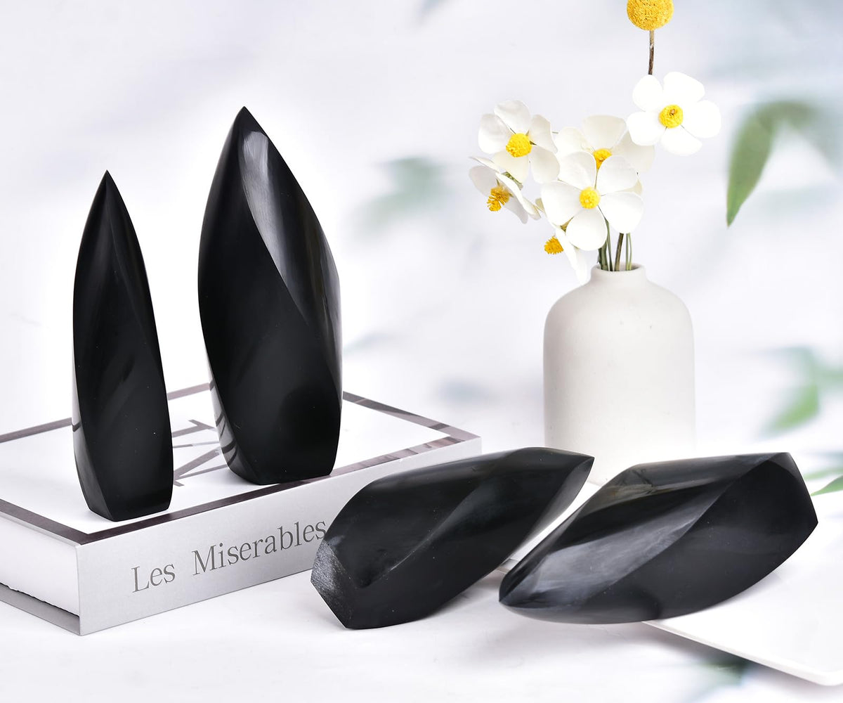 JIC Gem Large Healing Crystal Tower Black Obsidian 4 Sides Spiral Obelisk Point Energy Gemstone Home Decor 1.1-1.7 Lbs
