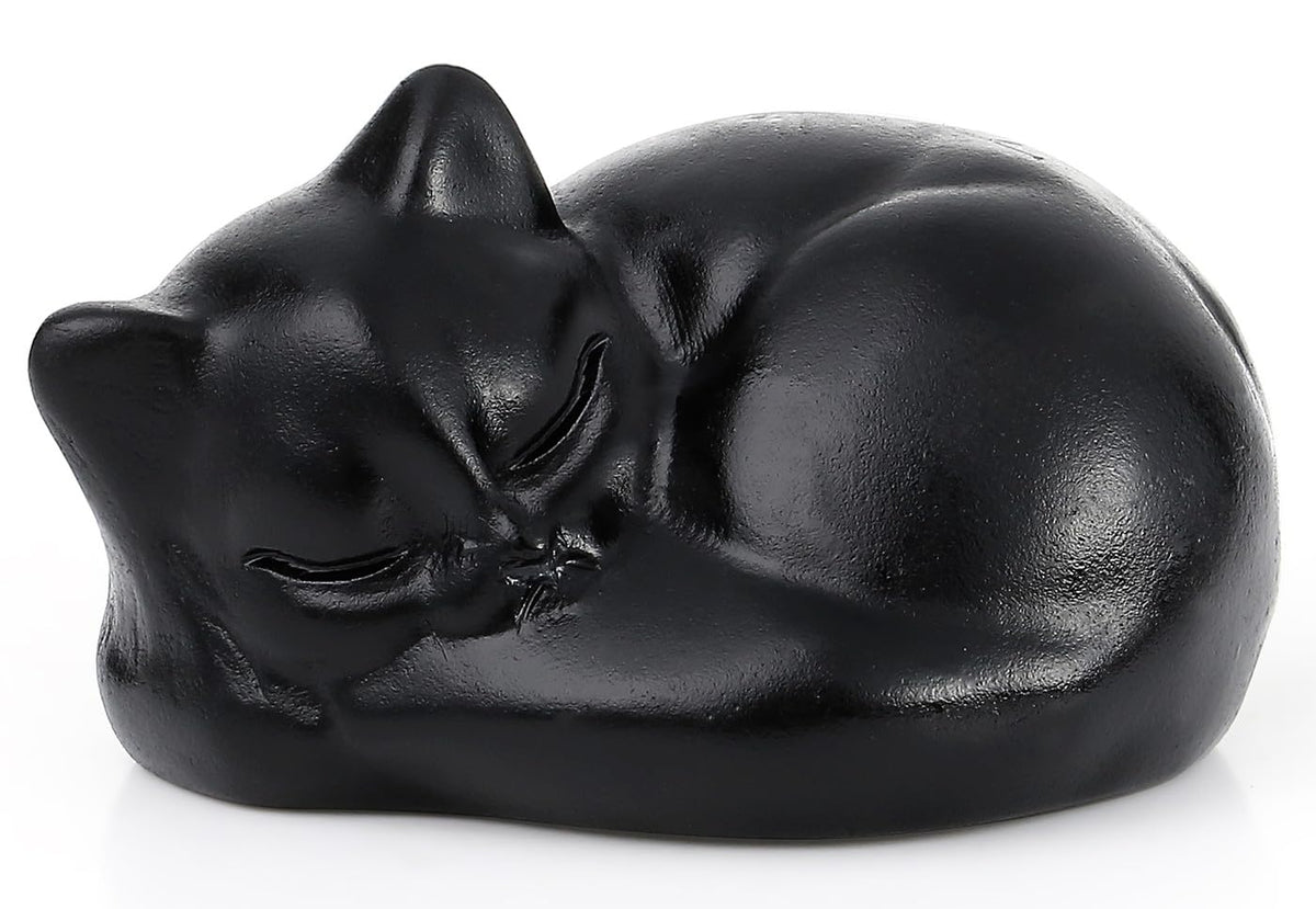 QINJIEJIE Black Obsidian Cat Crystals Decor Matt Sleeping Cat Statue Hand Carved Stone Figurine Decor Gifts Polished Cute Gemstones Office Room Home Desk Lucky Decoration for Women Men