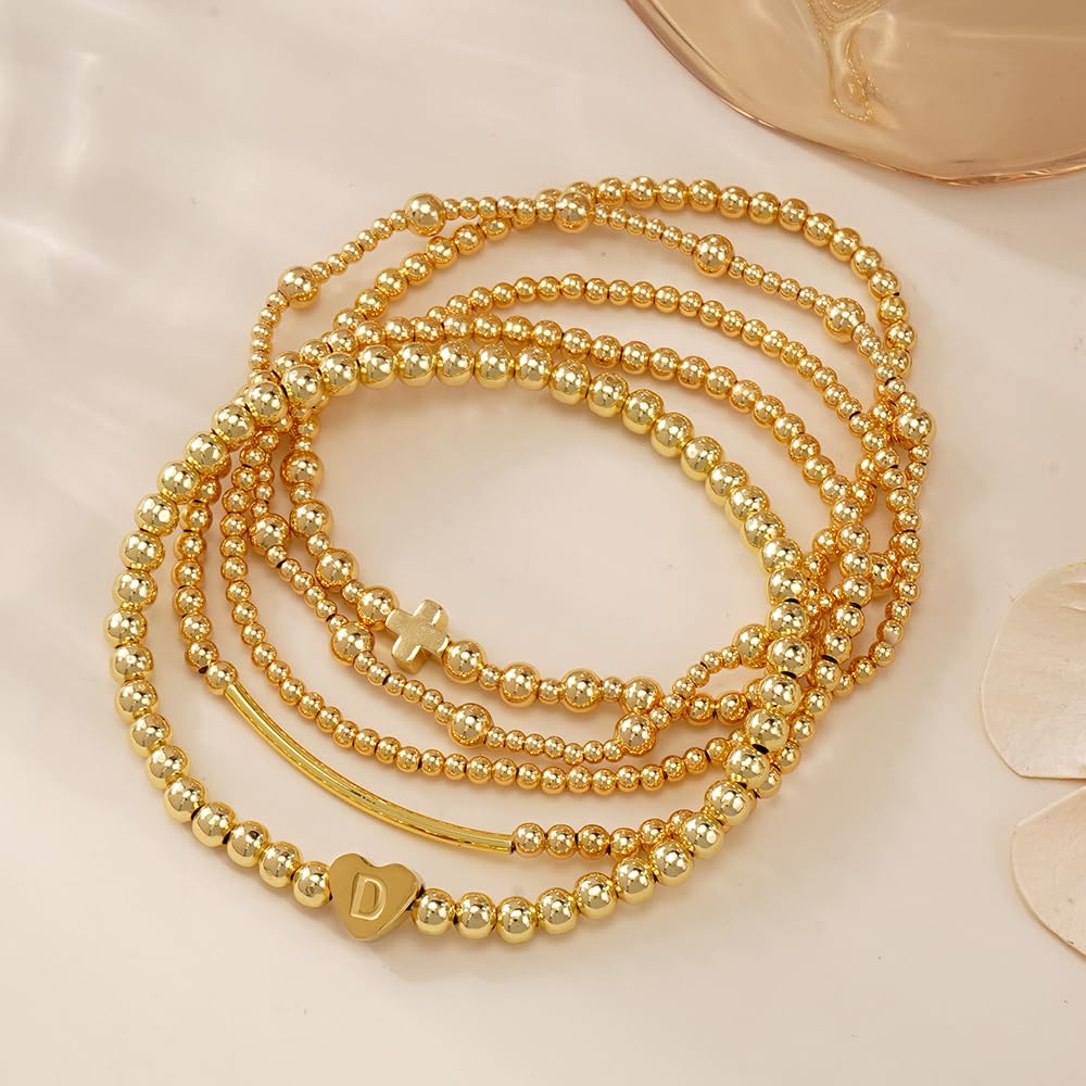 14K Gold Cross Beaded Initial Bracelet Stack for Women,Dainty Stretch Gold Plated Letter “D” Stackable Bracelets Bohemian Layered Prom Party Accessories Jewelry Gift Friendship