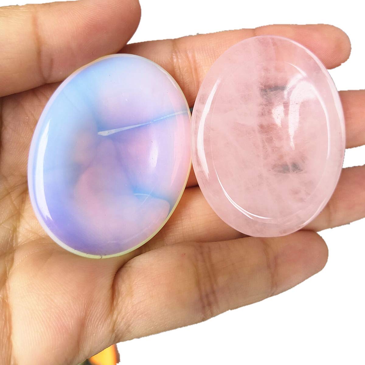 Loveliome Thumb Worry Stone, Stress Relax Healing Reiki Crystal Pocket Palm Stones,Rose Quartz and Opalite,Pack of 2