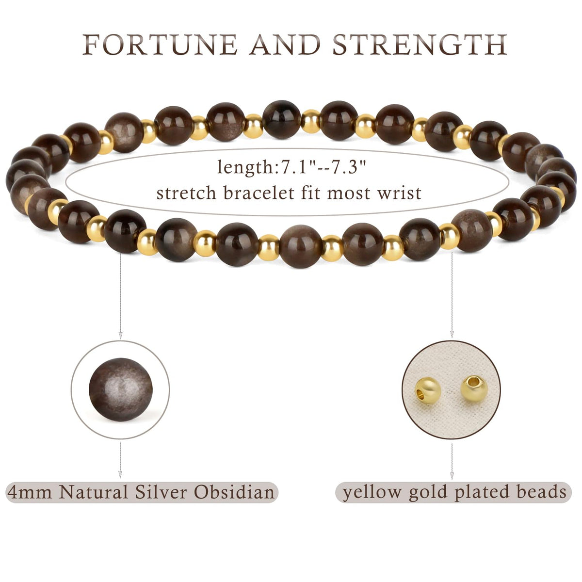 QOGIR Silver Obsidian - Fortune and Strength - 14K Gold Plated Beads Natural Gemstone Stretch Elastic Dainty Healing Beaded Bracelets Gifts 4mm