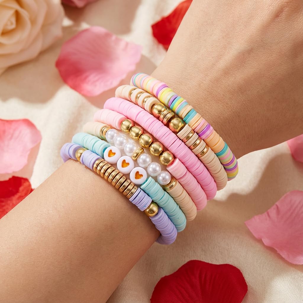 YEOSMINE Boho Heishi Clay Beaded Stretch Bracelets Stack For Women, Preppy Teens Friendship Gold Bracelets Cute Beach Surfer Accessories Bulk Set Trendy Fashion Jewelry