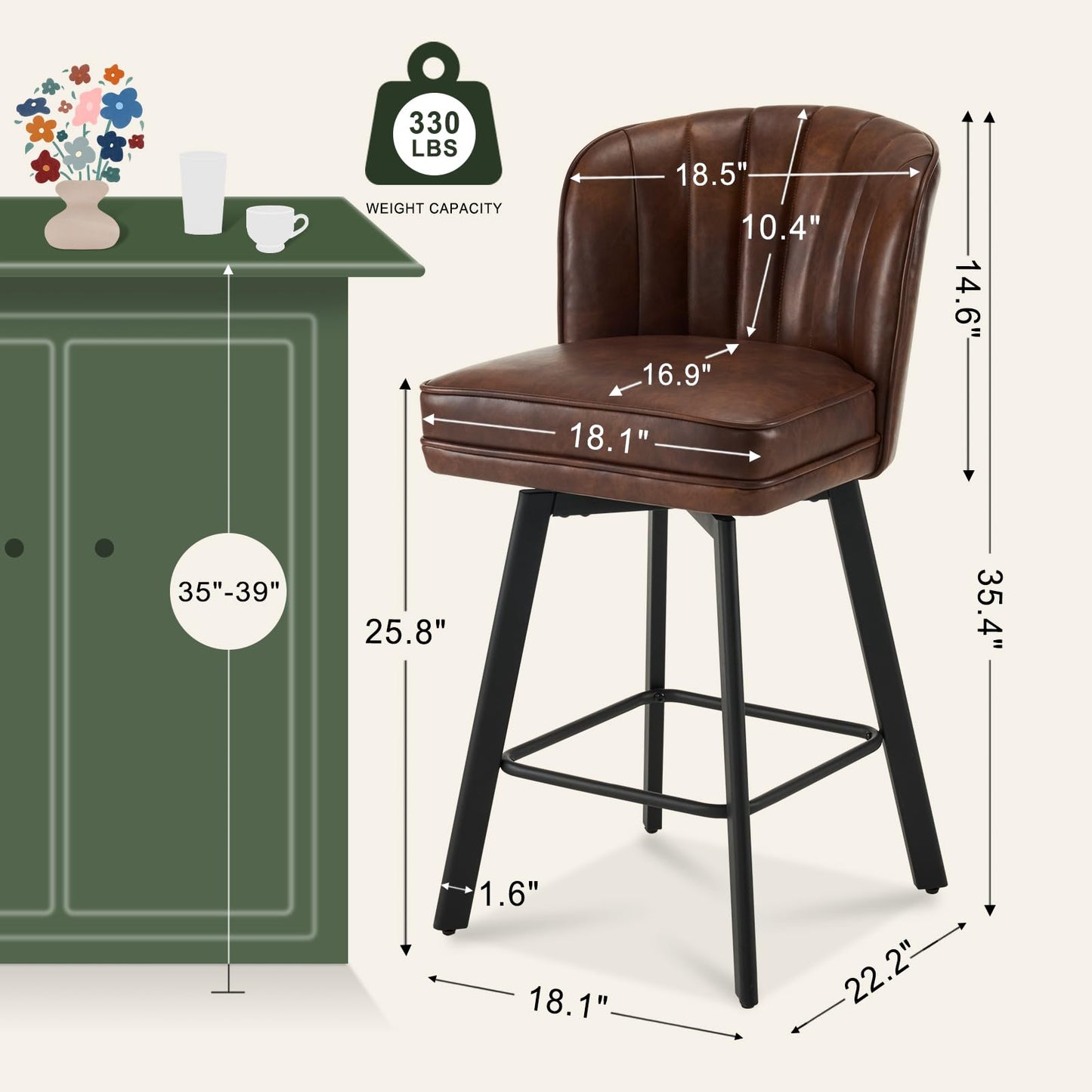 SAECKBERG Swivel Counter Height Bar Stools Set of 3, 26'' Modern Barstools with Backs and Metal Legs, Upholstered Bar Chairs, Faux Leather Brown Stools for Kitchen Island Chairs