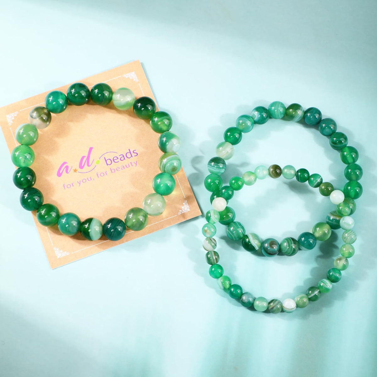 AD Beads 4mm Handmade Green Stripe Agate Elastic Bracelet – Natural Gemstone for Calm energy – Meditation, Yoga, Healing and Energy Gift for Men Women