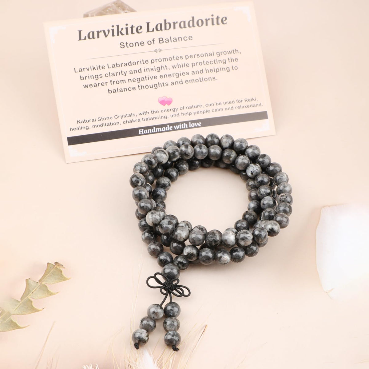 AD Beads 8mm 108 Prayer Mala Larvikite Labradorite Elastic Bracelet - Balance - Handmade Yoga Meditation Healing Power Energy Gifts for Unisex Adult.