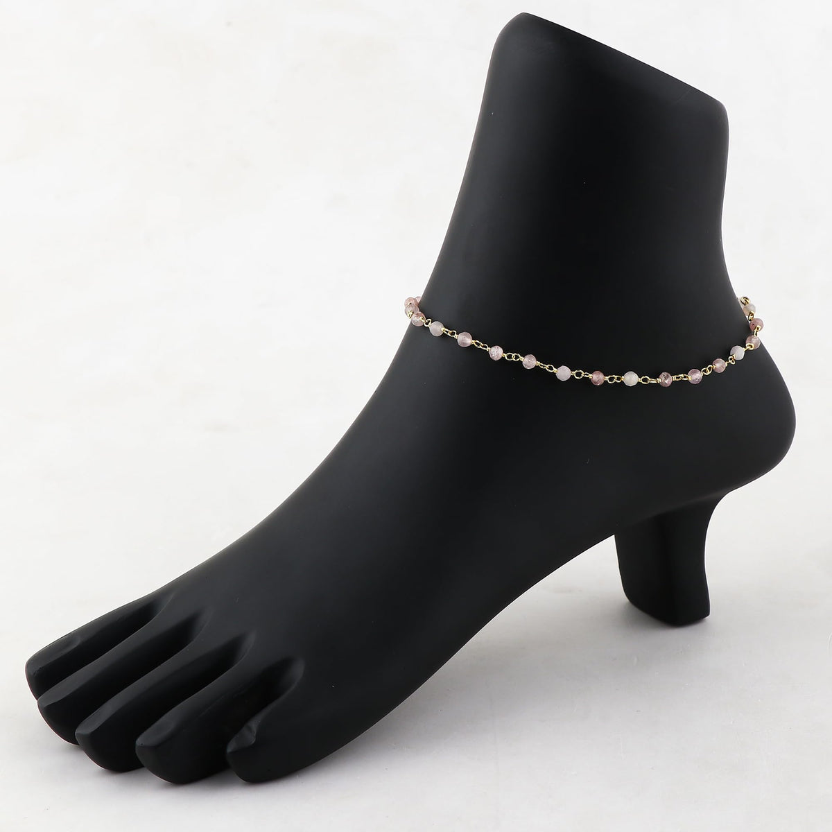 JOR Natural Strawberry Quartz Beaded Rosary Anklet, Handmade Craft, Anklet Beads Bracelet, Chakra Healing Anklet, Gemstone Women Jewelry, Dainty Gold Plated Anklet 9 inch + 2 inch (1pcs)