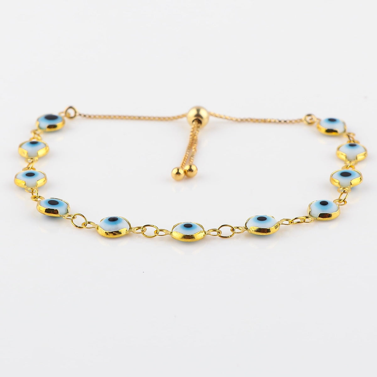 CRYSTALINES Genuine Evil Eye Onyx Gemstone Bolo Bracelet, 14K Gold Plated Link Chain Bracelet, Handmade Jewelry, Healing Crystals, Adjustable Chain, Spiritual Christmas Gift for Women