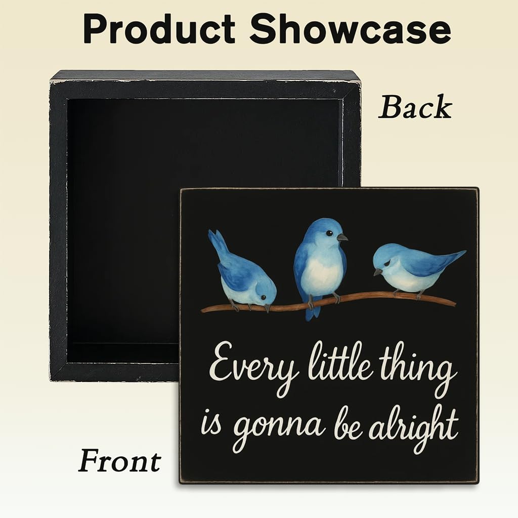 Every Little Thing is Gonna Be Alright Wood Box Sign with 3 Birds, Natural Solid Pine Decor for Tabletop and Shelf, Handmade Inspirational Home and Office Gift, 5x5 Inch(Black)