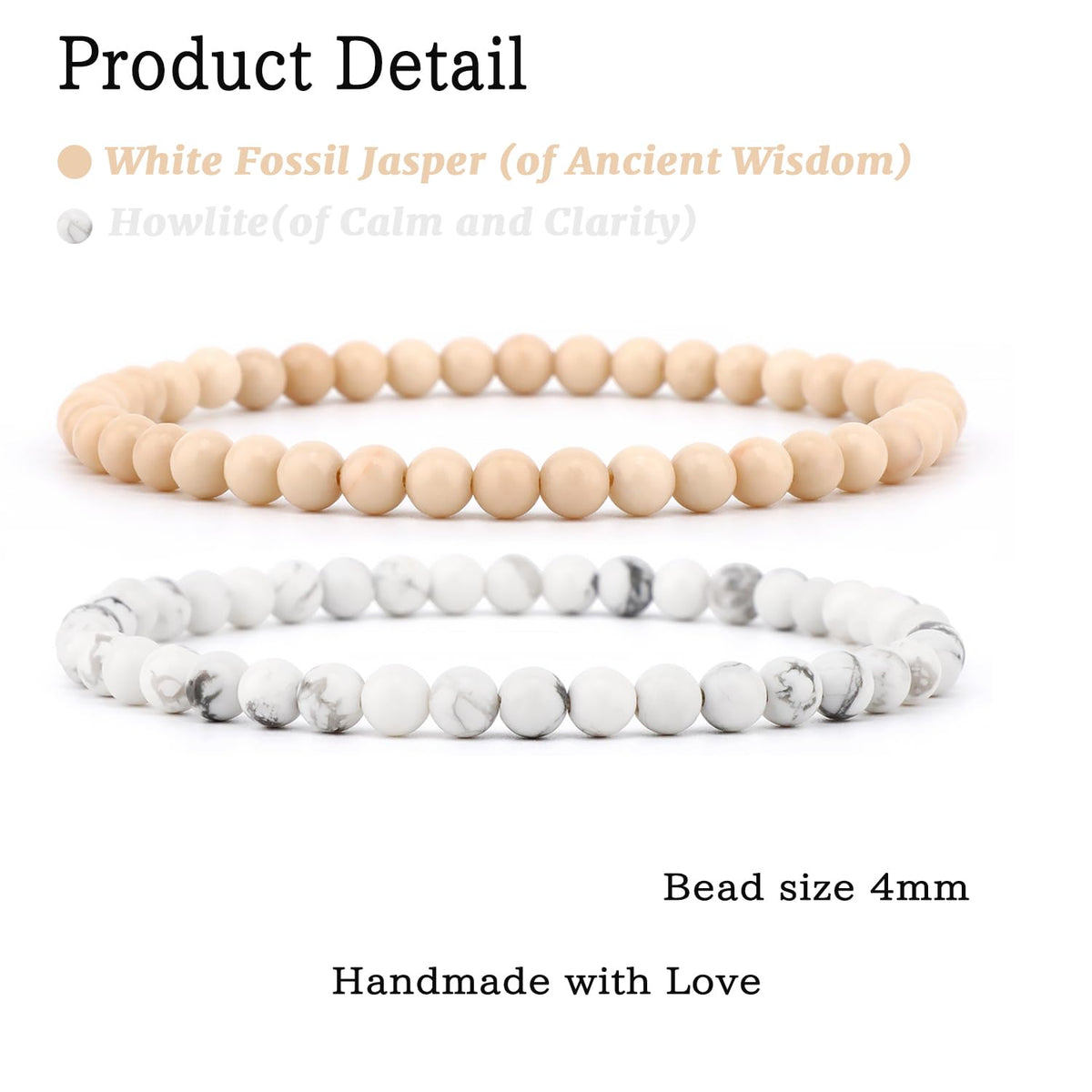 NCB 2-Piece 4mm Natural Crystal Gemstone Stretch Bracelets – ﻿Howlite, White Fossil Jasper Handmade Reiki Energy Healing Jewelry for Meditation,Yoga, Unisex
