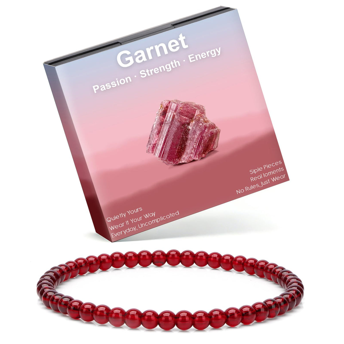 Risyfjew 4MM Handmade Garnet Natural Gemstone Stretch Elastic Bracelet,PE Film Anti-oxidation Packaging Natural Stone Crystal Healing Power Energy Gifts for Adult