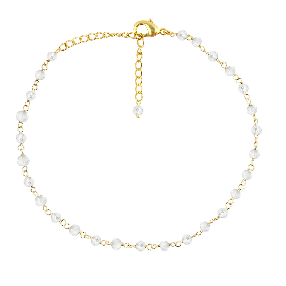 JOR Natural White Topaz Beaded Rosary Anklet, Handmade Craft, Anklet Beads Bracelet, Chakra Healing Anklet, Gemstone Women Jewelry, Dainty Gold Plated Anklet 9 inch + 2 inch (1pcs)
