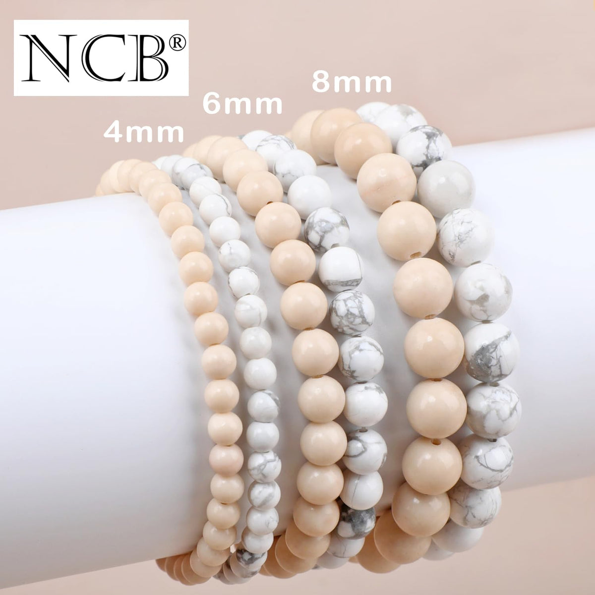 NCB 2-Piece 6mm Natural Crystal Gemstone Stretch Bracelets – ﻿Howlite, White Fossil Jasper Handmade Reiki Energy Healing Jewelry for Meditation,Yoga, Unisex