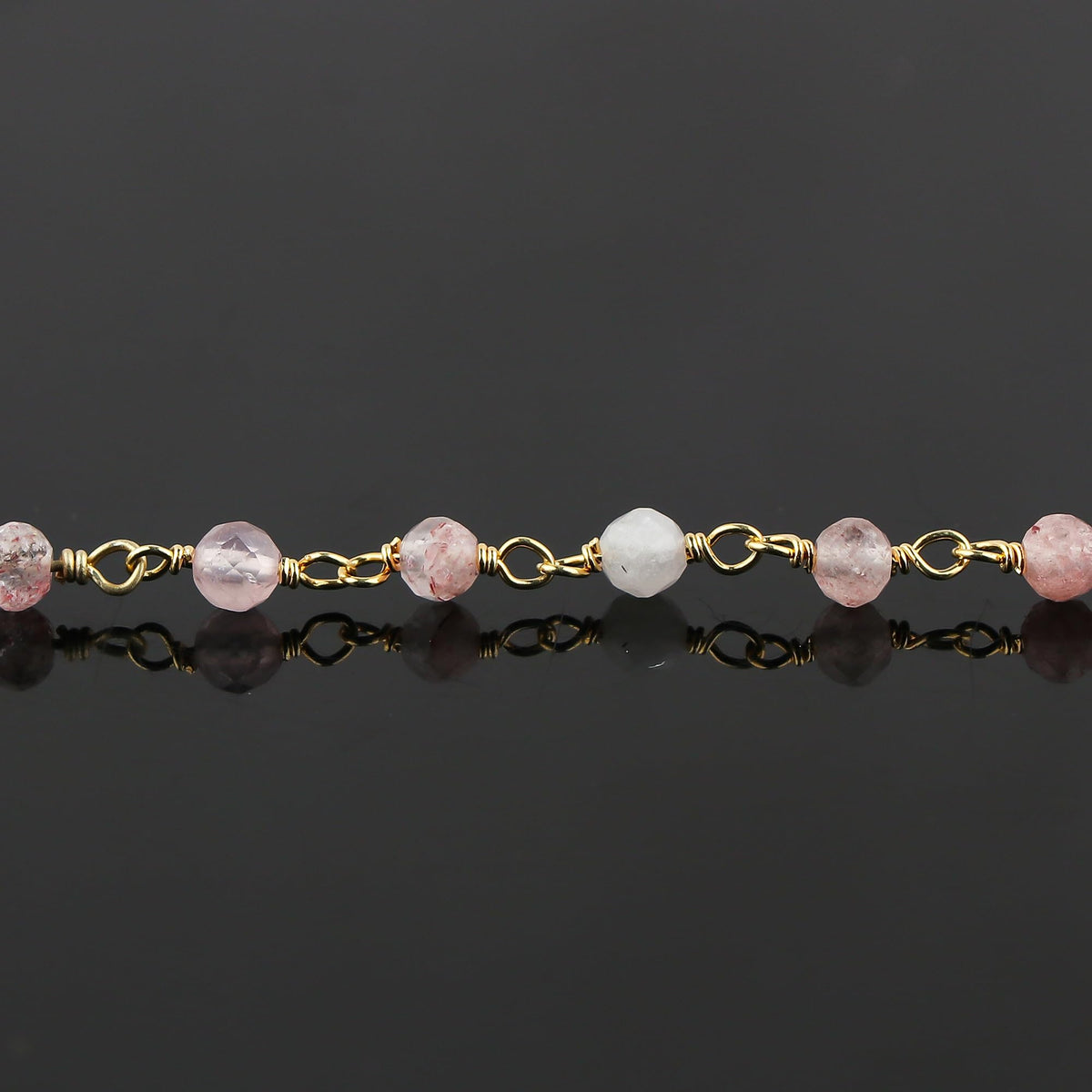 JOR Natural Strawberry Quartz Beaded Rosary Anklet, Handmade Craft, Anklet Beads Bracelet, Chakra Healing Anklet, Gemstone Women Jewelry, Dainty Gold Plated Anklet 9 inch + 2 inch (1pcs)
