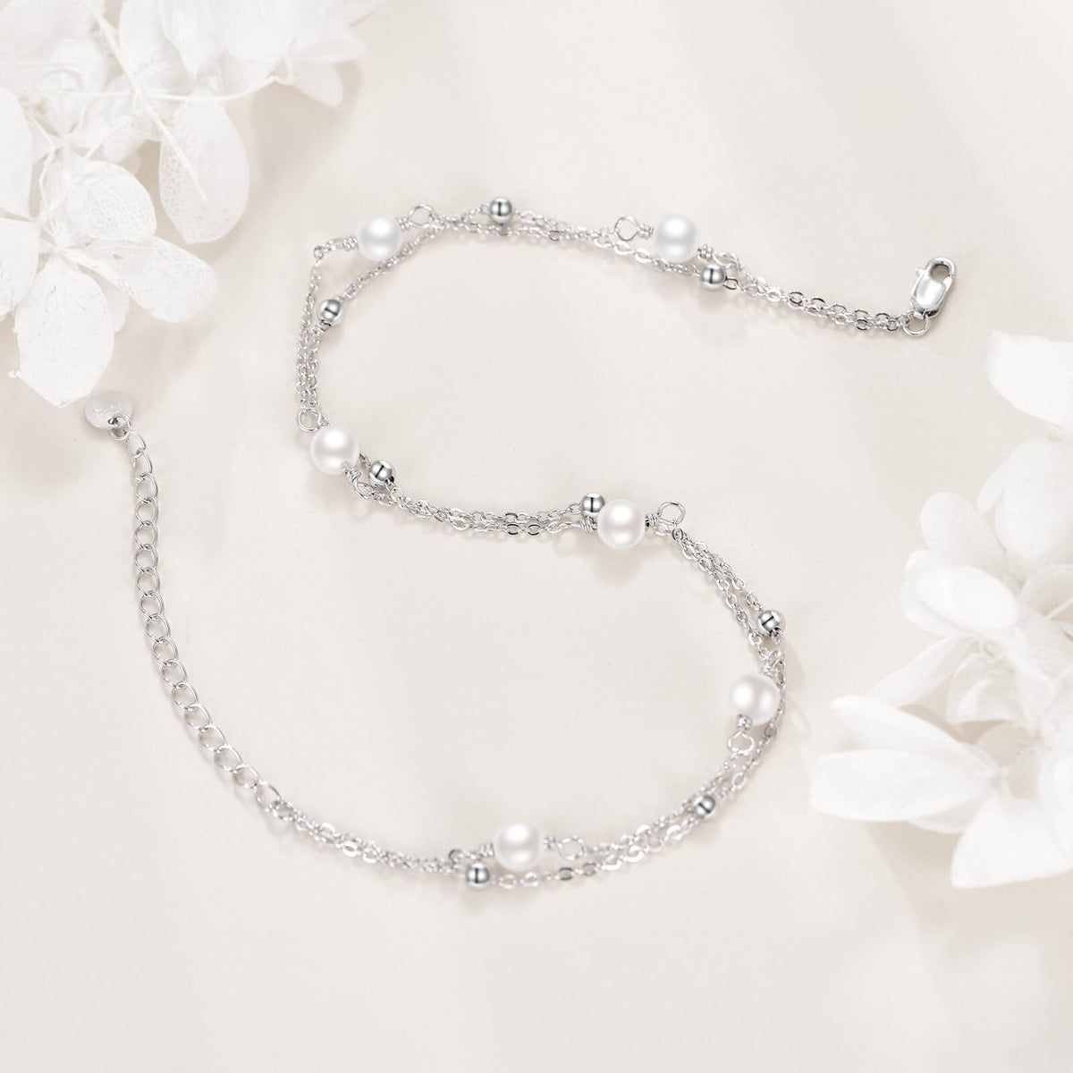 CRMAD Pearl Bracelet Anklet for Women Sterling Silver Beach Jewelry Gift for Women (pearl, bracelet 7+2'')