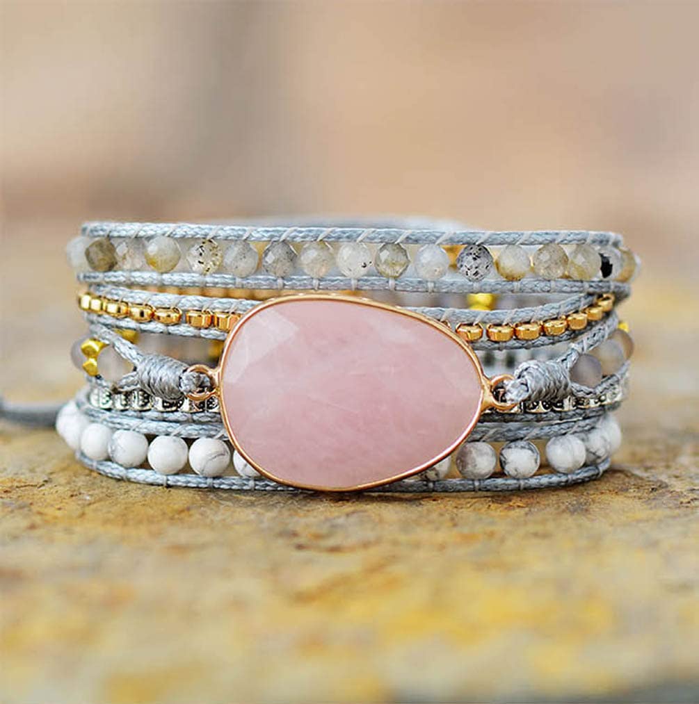 ZOSOJONA Women Wrap Bracelet Boho Natural Jasper Crystal Stone Beads Strand Bracelets (Pink Quartz)