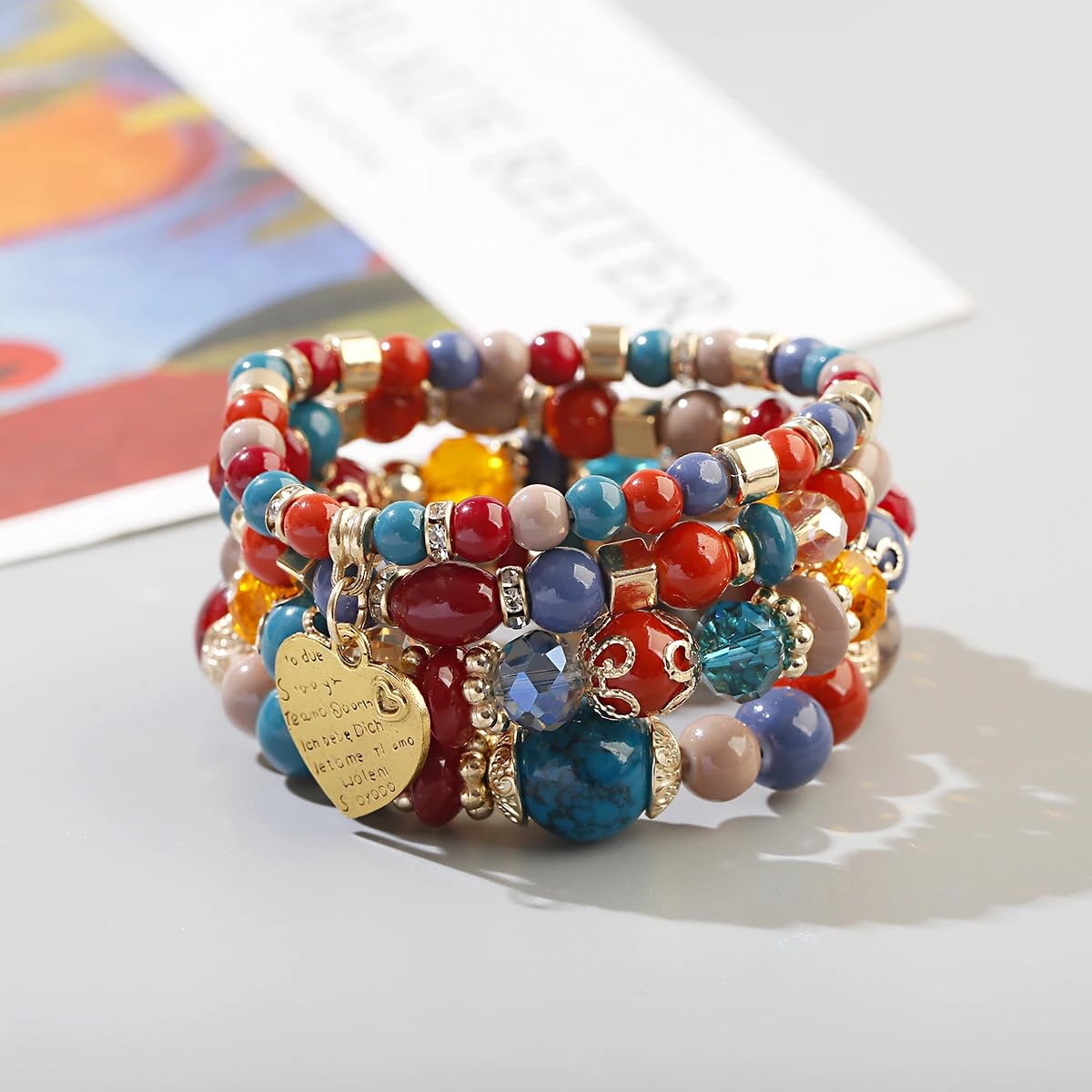 Jewellify Women Beaded Bracelet Set - Colorful Boho Stackable Design with Crystal Accents Bangle stretch Bracelet - Trendy Fashion Bracelets Jewelry for Women (Red)