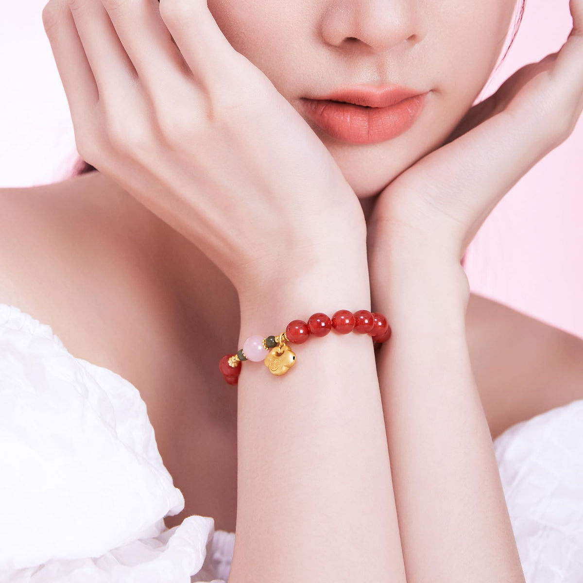 ZHOU LIU FU Agate Bracelet Beaded Stretch Bracelets with Good Lock Charm Silver Natural Gemstone Healing Bracelet Red Agate & Pink Agate Accessory for Women