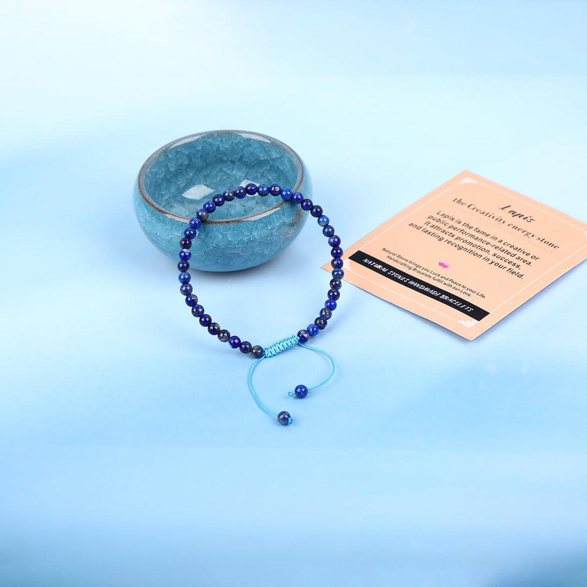 AD Beads 4mm Lapis Bracelet - Stone of the Creativity energy stone - Handmade Natural Stone Crystal Bracelet with Adjustable Macrame String - Yoga Healing Power Energy Gifts for Men and Women