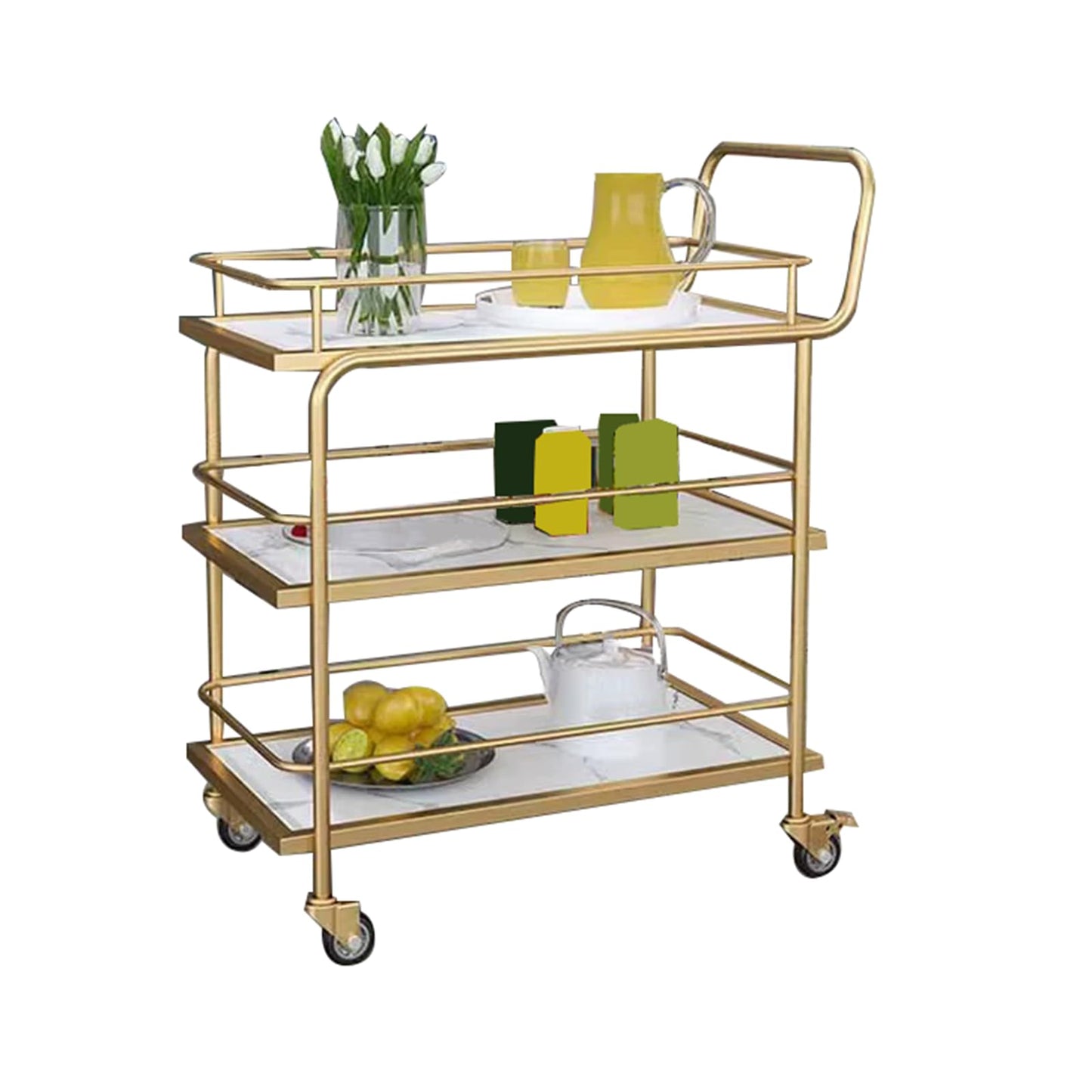 Gold Hotel Service Cart 3Tier Metal Restaurant Trolley with Fence and EcoFriendly Marble PanelsElegant White Finish for Dining and Catering Use