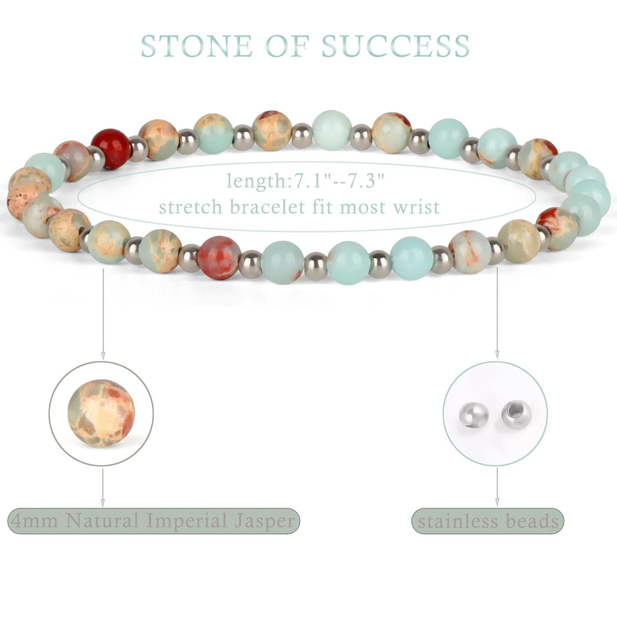 QOGIR Imperial Jasper - Stone of Success - Stainless Silver Beads Natural Gemstone Stretch Elastic Dainty Healing Beaded Bracelets Gifts 4mm