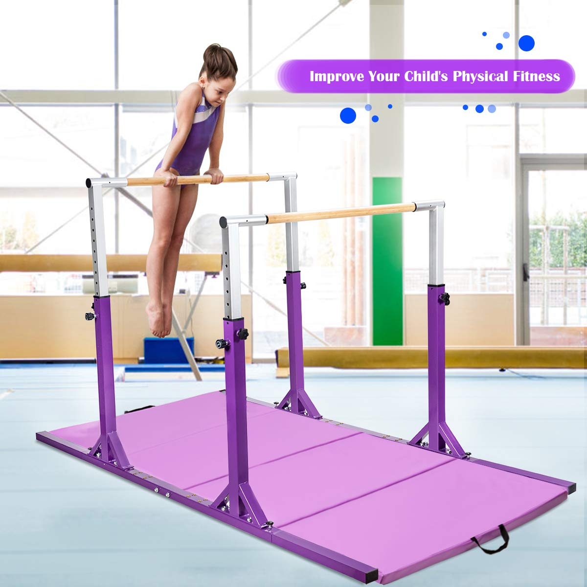GOFLAME Double Horizontal Bars, Gymnastics Parallel Bars with Adjustable Height and Width, Junior Training Gym Bar for Kids, Ideal for Indoor Outdoor Use (Purple)