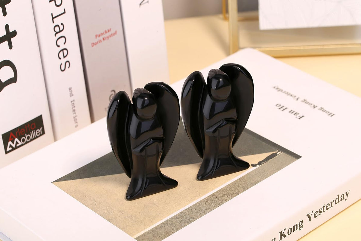 QINJIEJIE 3" Black Obsidian Crystal Angel Decor Healing Peace Angel Stone Figurine Polished Gemstone Guardian Statue Room Desk Office Hand Carved Decorations Energy Gifts for Women & Men