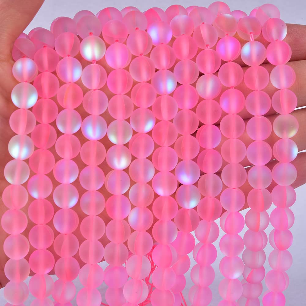 Asingeloo 48PCS 8mm Natural Light Pink Mystic Aura Quartz Gemstone Frosted Matte Titanium Round Loose Spacer Beads 15 inch Full Strand Crystal Healing Power Quartz