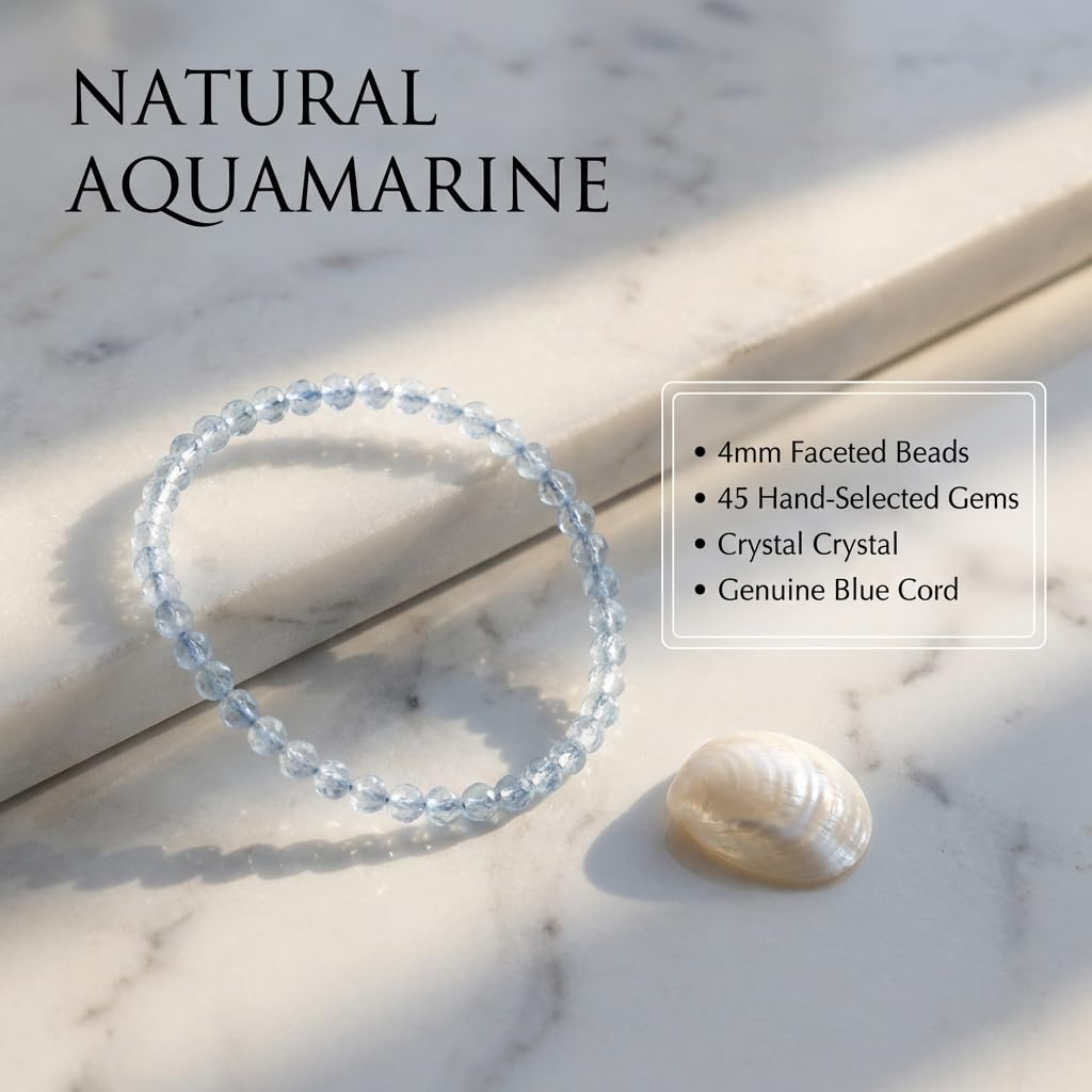 Angelstones Natural Aquamarine Gemstone Stretch Bracelet, 4mm Faceted Round Beads, Crystal Healing for Women