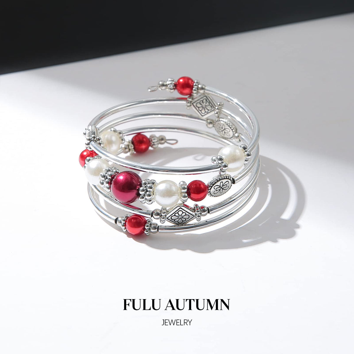 FULU AUTUMN Beaded Pearl Bangle Bracelets for Women Silver Wrap Bangles Bracelet Womens Costume Jewelry Fashion Gift(18-Red)