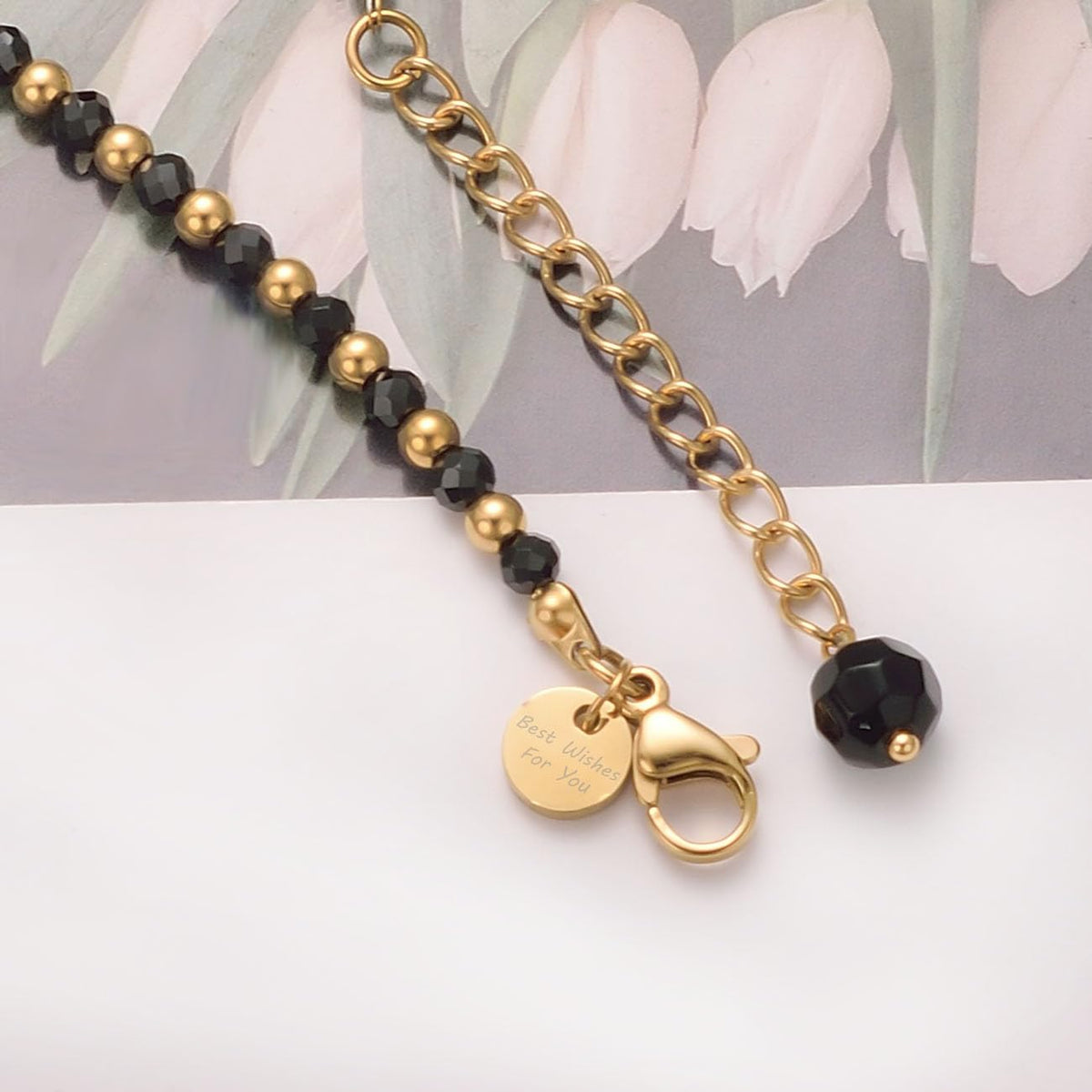 vissen Black and Gold Bracelet Beaded Black Natural Stone Bracelet for Women Black Crystal Gold Plated Bracelets Adjustable Jewellery