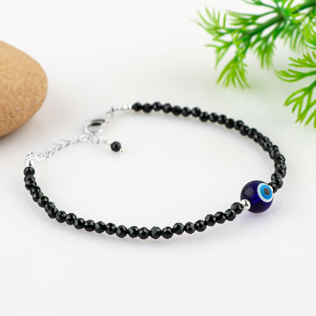 CRYSTALINES Natural Black Spinel Gemstone Bracelet, Faceted Beads Stones, Handmade Hypoallergenic Boho Jewelry for Women, Healing Crystals, Adjustable Silver Plated 7+1inch, Birthday Evil Eye Gift