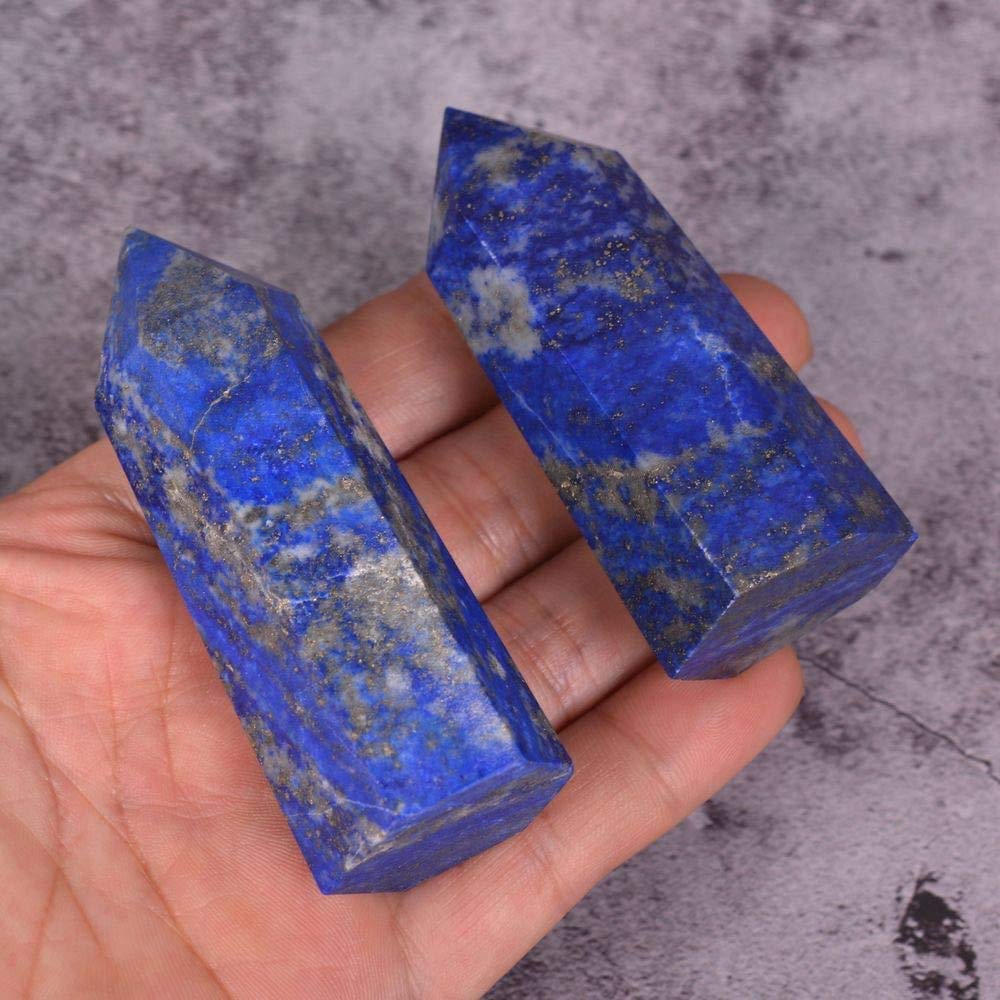 Angelstones Natural Lapis Gemstone Healing Crystal Hexagonal Pointed Reiki Chakra Faceted Prism Wand Carved Stone Figurine Home Decor