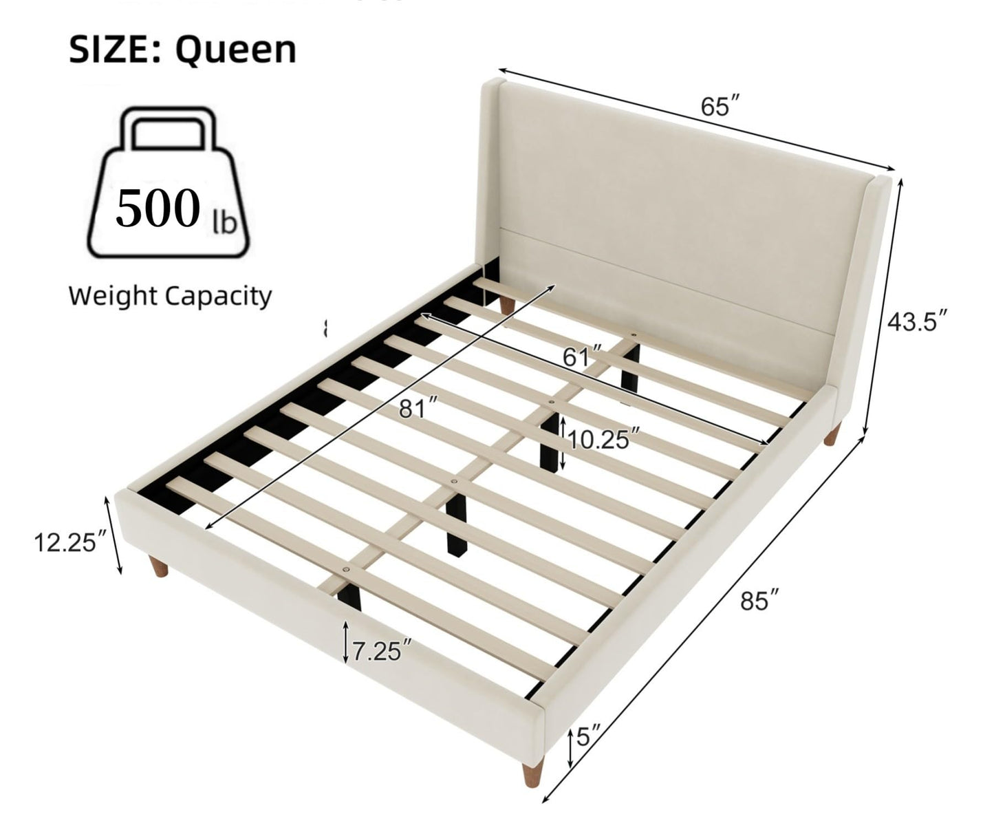 Merax Velvet Queen Size Bed Frame with Wingback Headboard, Solid Wood Upholstered Platform with Round Legs, No Box Spring Needed, Beige