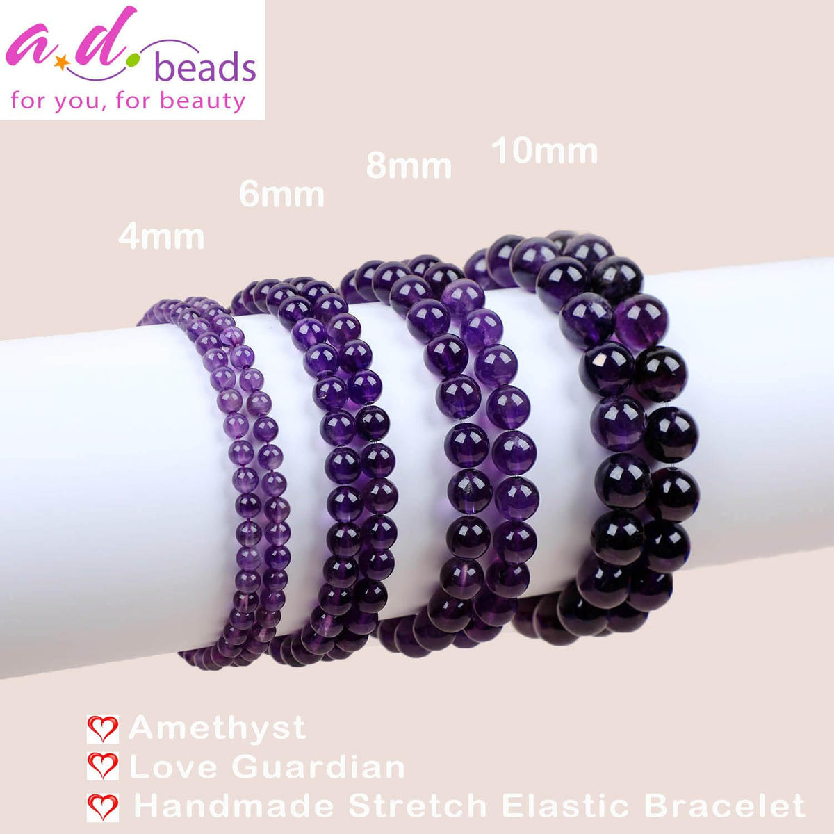 AD Beads Handmade Gemstone Stretch Elastic Bracelet Crystal Healing Reiki Nature's Beauty and Spiritual Essence Unisex (4mm, Amethyst (Love Guardian))