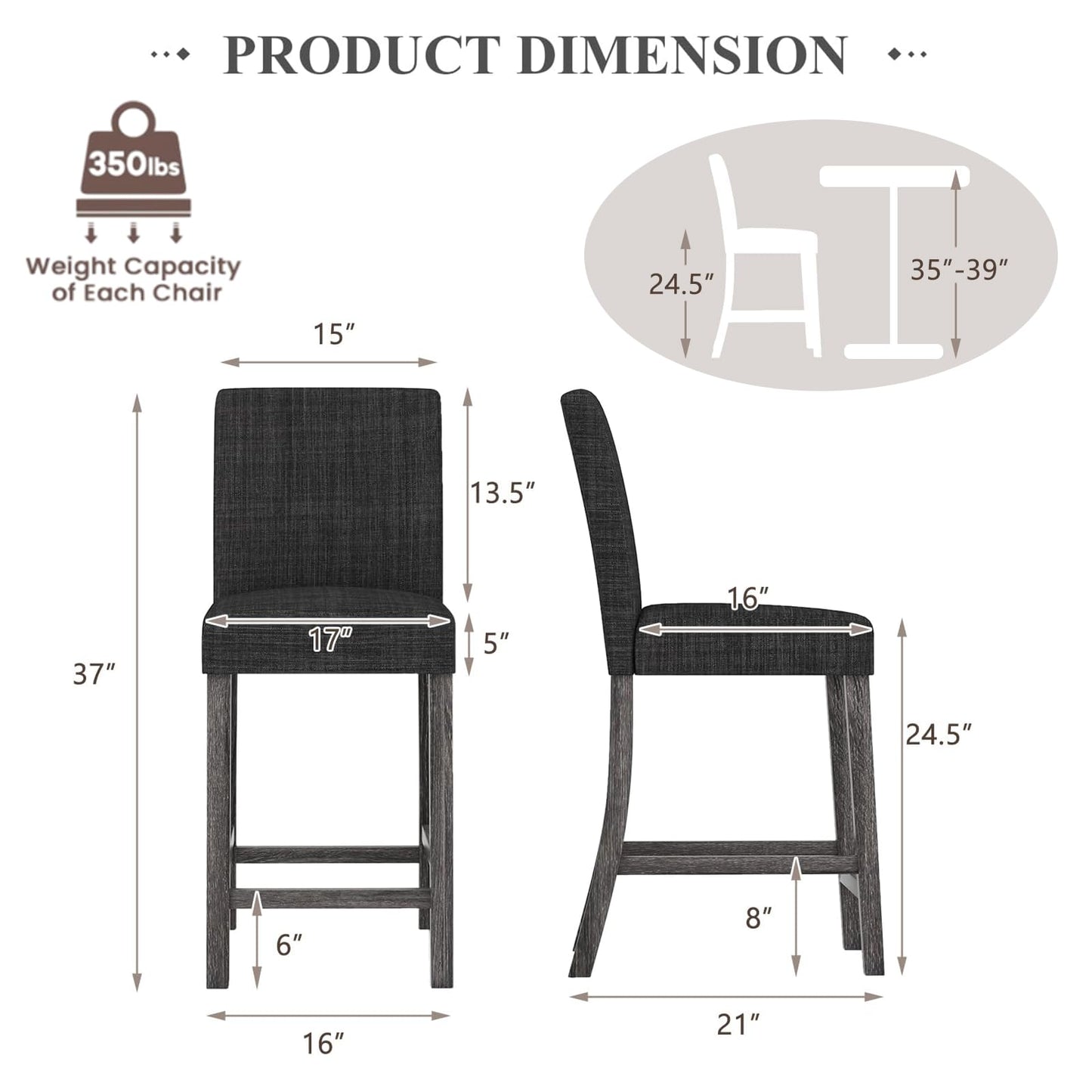 ERGOMASTER Counter Height Bar Stools Set of 4, 24.5'' Fabric Upholstered Barstools Mid Century Modern Island Bar Chairs with Back for Kitchen, Dining Room, Bar, Restaurant, Charcoal Grey