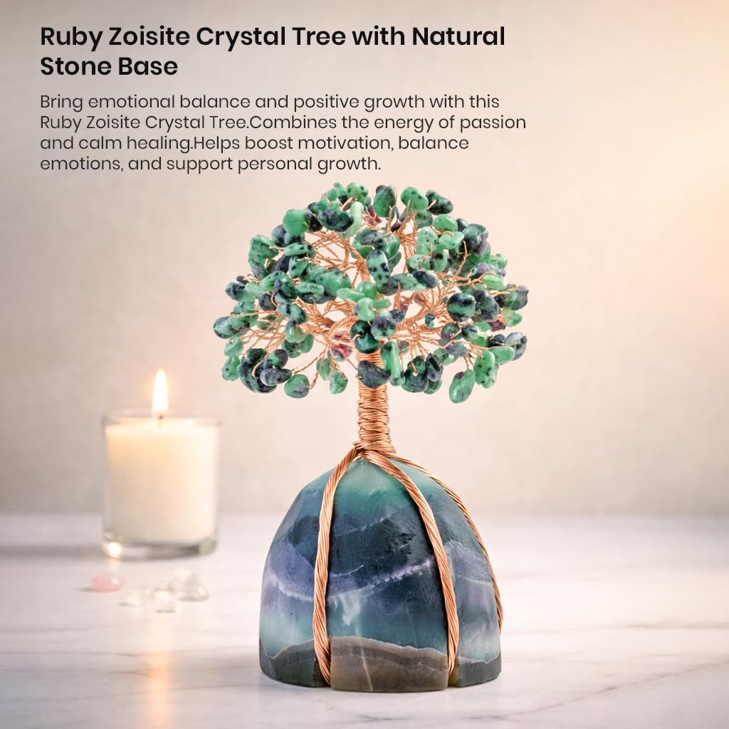 Crocon® Ruby Zoisite Crystals Tree with Fluorite Rough Base, Birthday Gifts for Women & Men, Room Decor, Healing Crystals Spiritual Gift, House Warming Gifts New Home, Birthday Gift - Mom Sister Wife