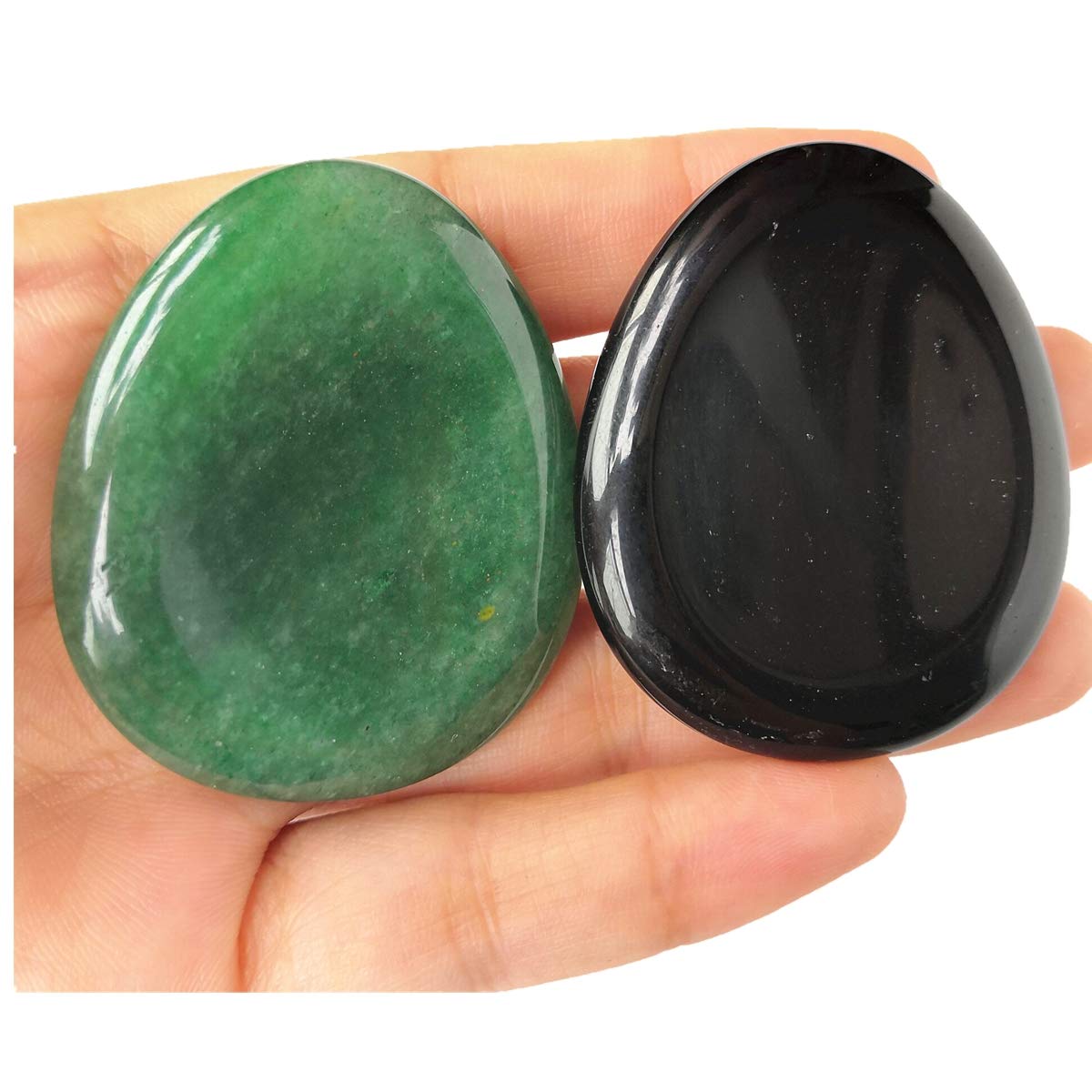 Loveliome Thumb Worry Stone, Stress Relax Healing Reiki Crystal Pocket Palm Stones, Black Obsidian w Green Aventurine, Pack of 2