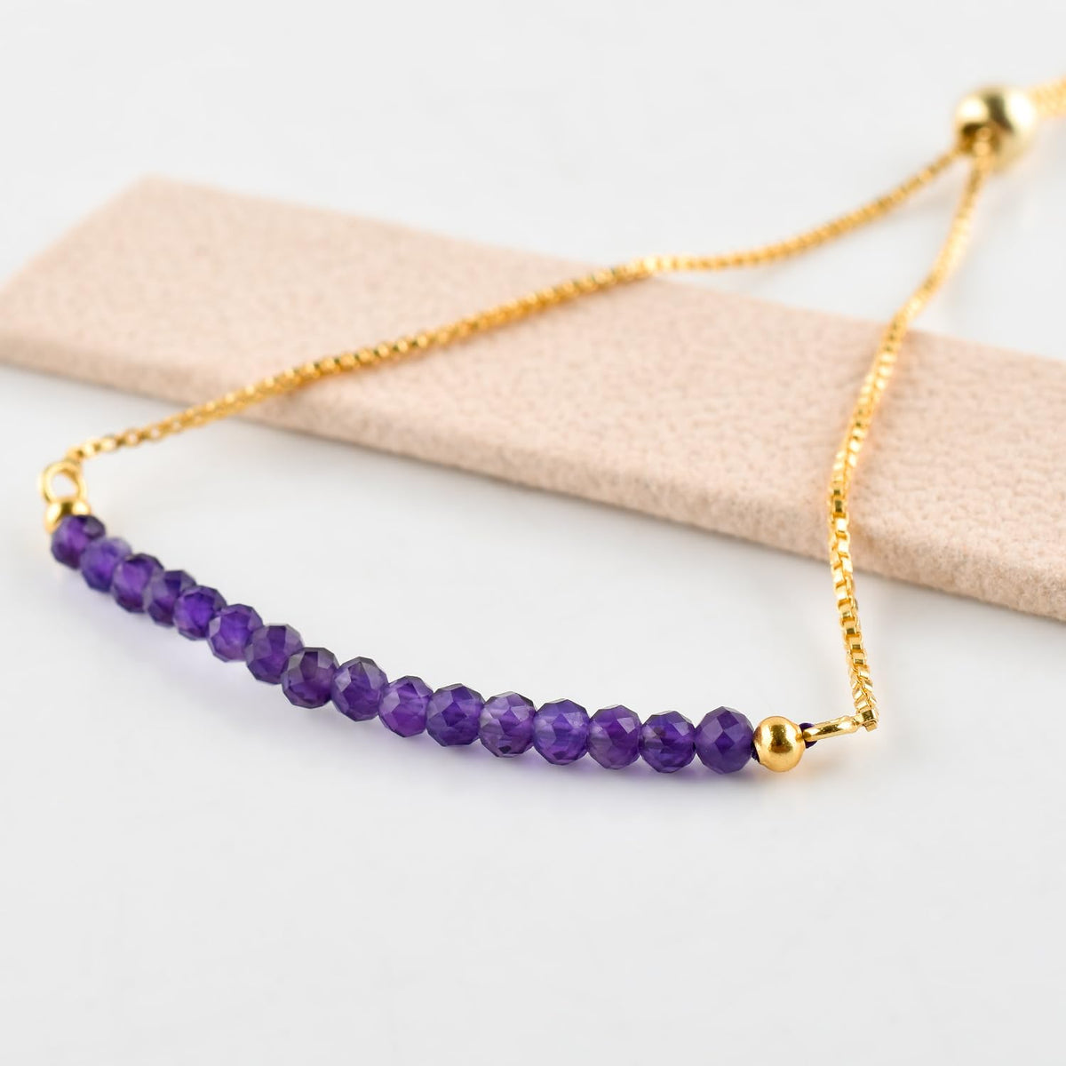 InfinityGemsArt Amethyst Bracelets For Women, Natural February Birthstone Jewelry, Dainty Purple Beads Stone Bolo Slider Crystals Gemstones, 14K Gold Plated Chain, Birthday Valentines Day.