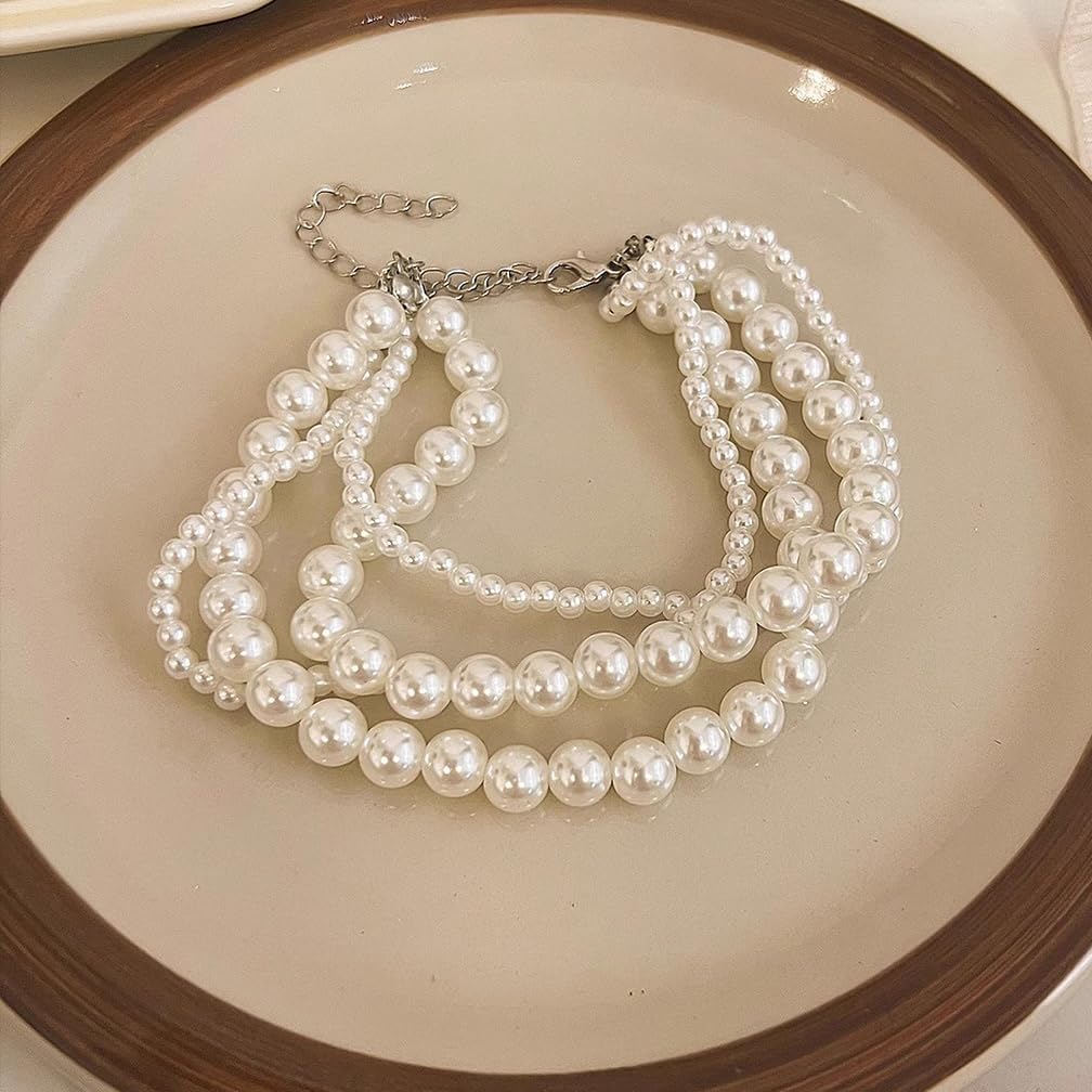 Cute Layered White Pearl Bracelets Sets for Women Fashion Freshwater Pearls Layering Statement Bracelet Stack Strand Beaded Bangles Dainty Aesthetic Jewelry (Pearl-1)