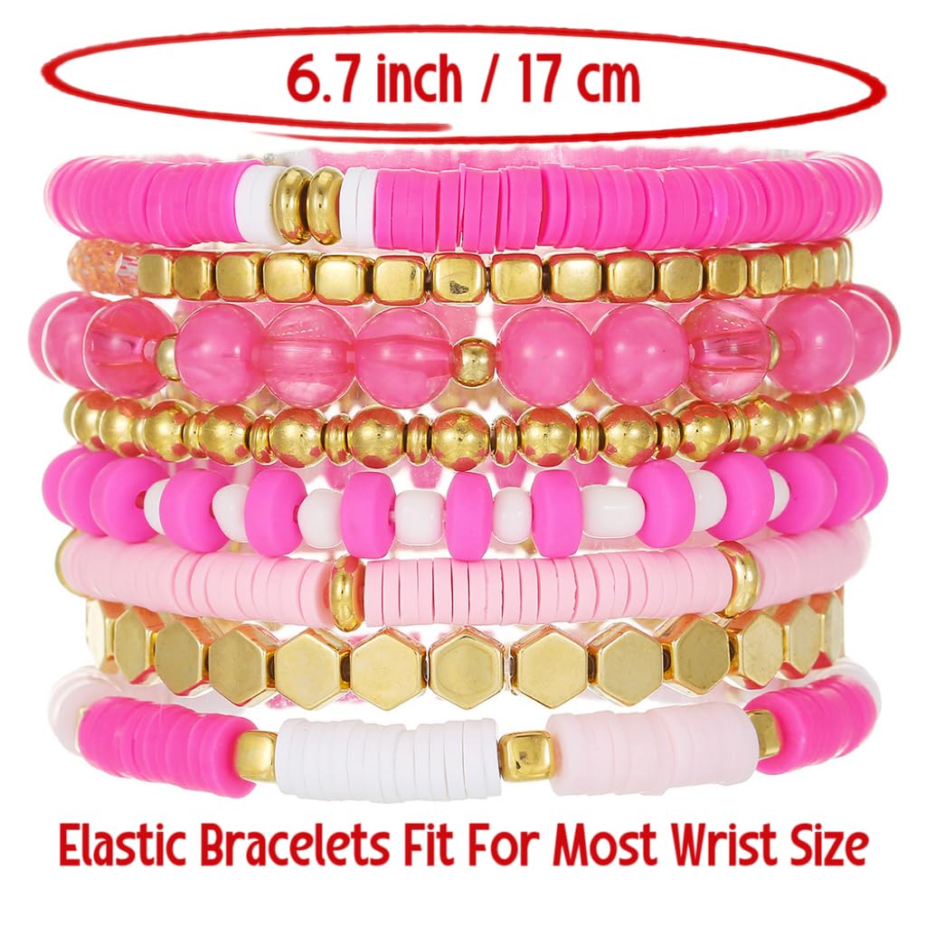 YEOSMINE Boho Heishi Clay Beaded Stretch Bracelets Stack For Women, Preppy Teens Friendship Gold Bracelets Cute Beach Surfer Accessories Bulk Set Trendy Fashion Jewelry