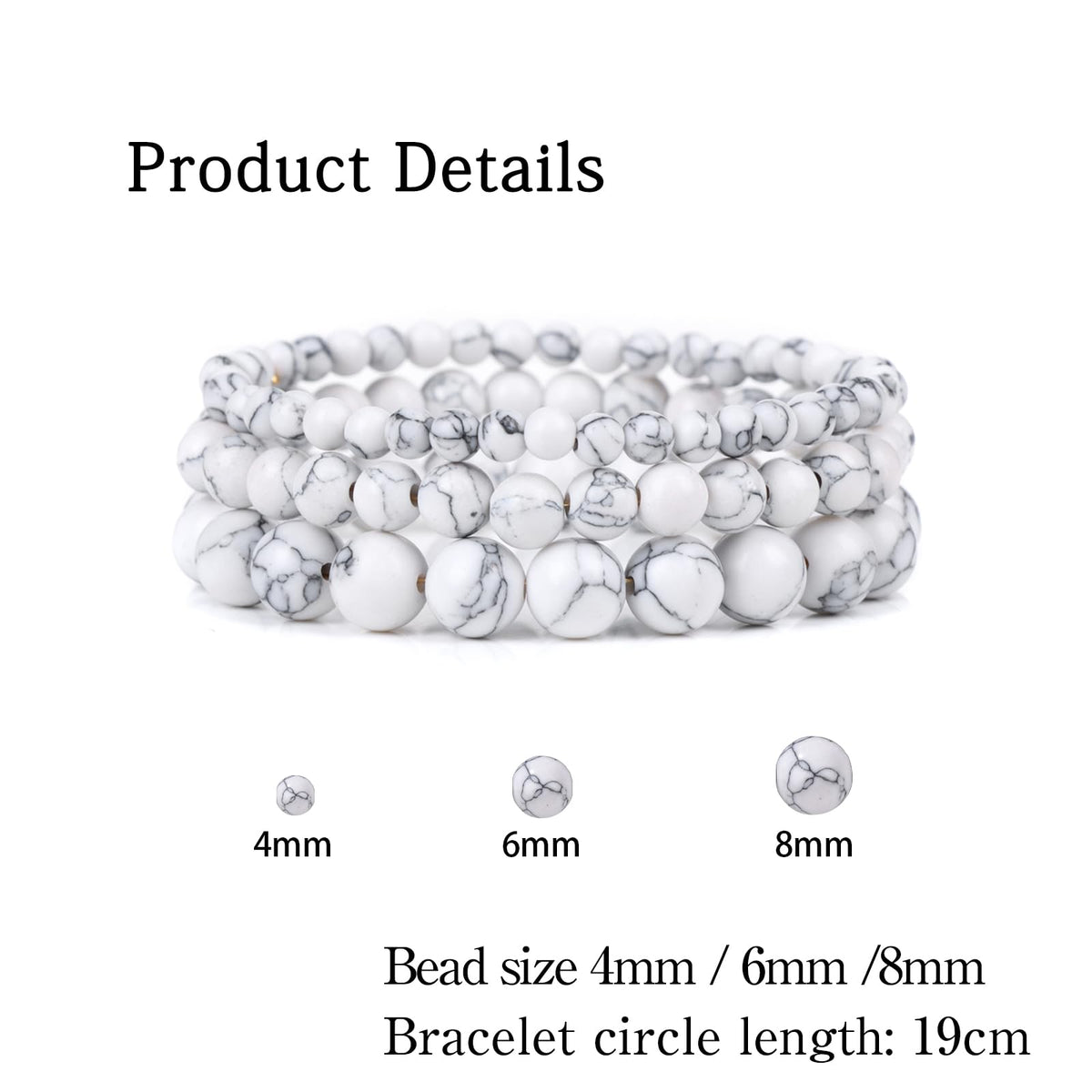 Risyfjew 3 PCS Natural Stone Beaded Stretch Bracelet 4mm 6mm 8mm Healing Crystal Bracelets Women Howlite Jewelry Gift
