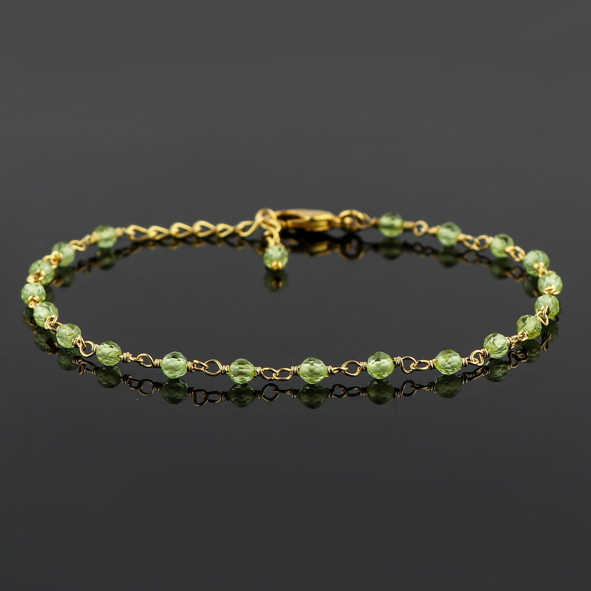 CRYSTALINES Natural Peridot Gemstones Bracelet Handmade Hypoallergenic Gold Plated Jewelry for Women Healing Crystals Microfaceted Beads Rosary Chain Boho August Birthstone Bracelet, 7+1inch