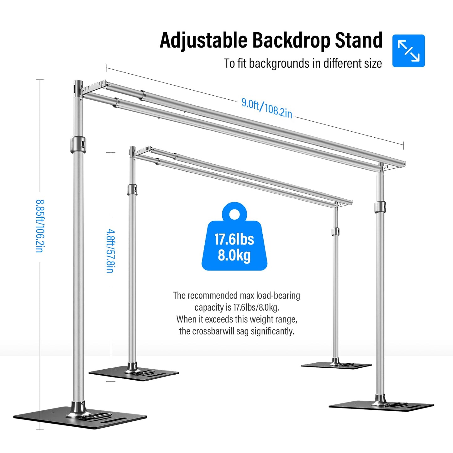 soonpho Pipe and Drape Backdrop Stand, Double Heavy Duty Backdrop Stand Adjustable Telescopic Metal Frame with Wide Flat Bases for Stability for Wedding, Photo Booth, Party & Event Decorations