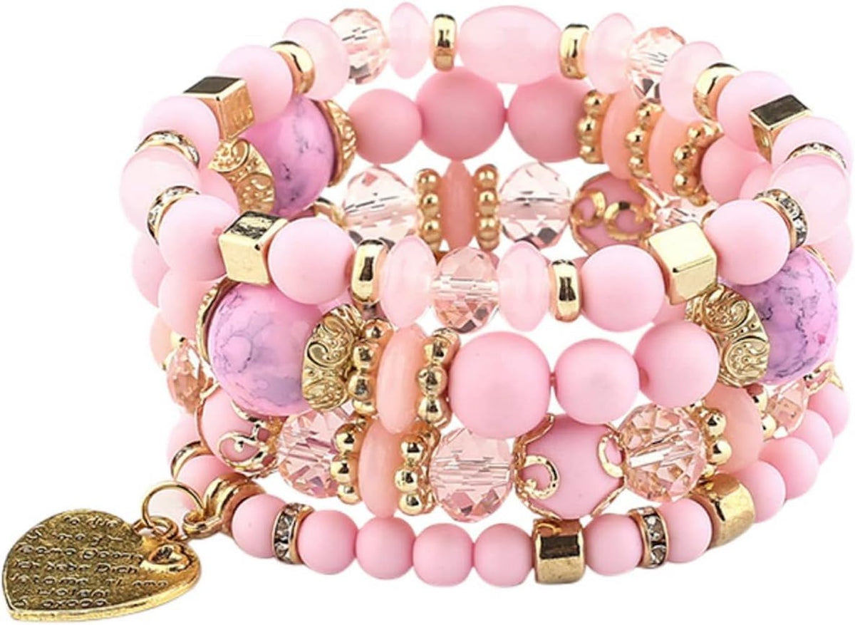 Jewellify Women's Beaded Bracelet Set - Colorful Boho Stackable Design with Crystal Accents - Trendy Fashion Bracelets Jewelry for Women (Pink)