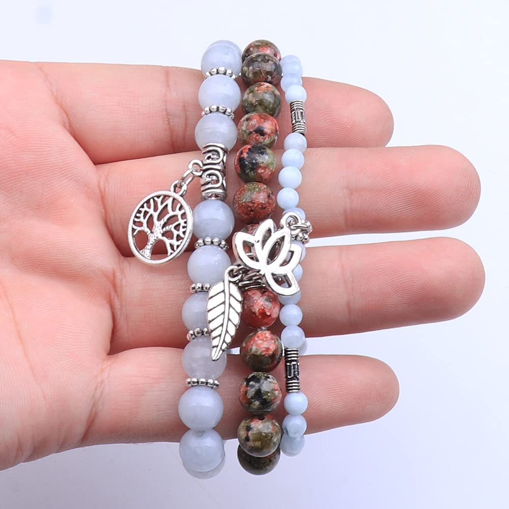 UEUC Tree of Life Yoga Healing Stone Bracelets, Multilayer Lotus Chakra Stone Reiki Bracelet Sets, Anxiety Crystal Natural Stone,for Women Stress Relief(#70)